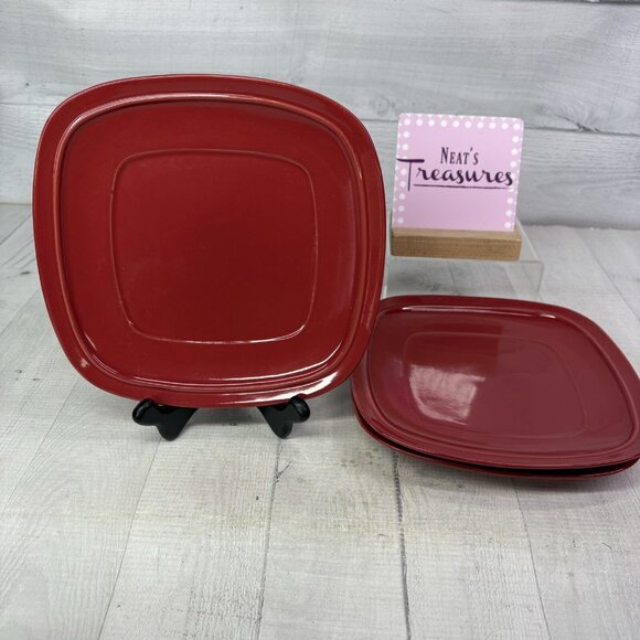 Home Trends CANOPY RED Cranberry Embossed Square Porcelain Salad Plates Set of 3 - Picture 1 of 14
